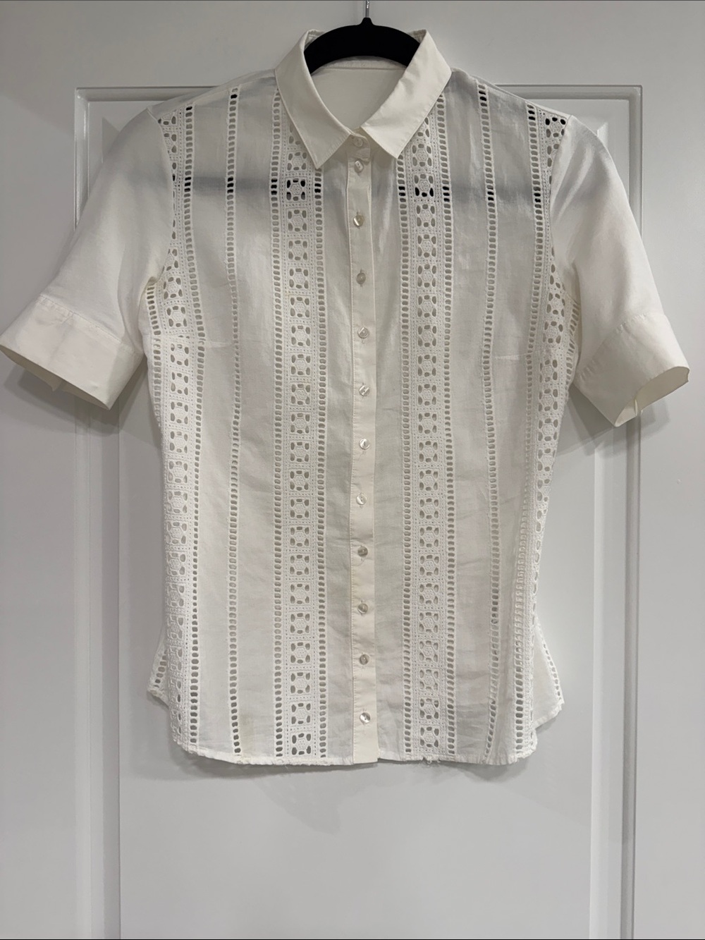Anne Fontaine White Eyelet-Panel Button Down Blouse